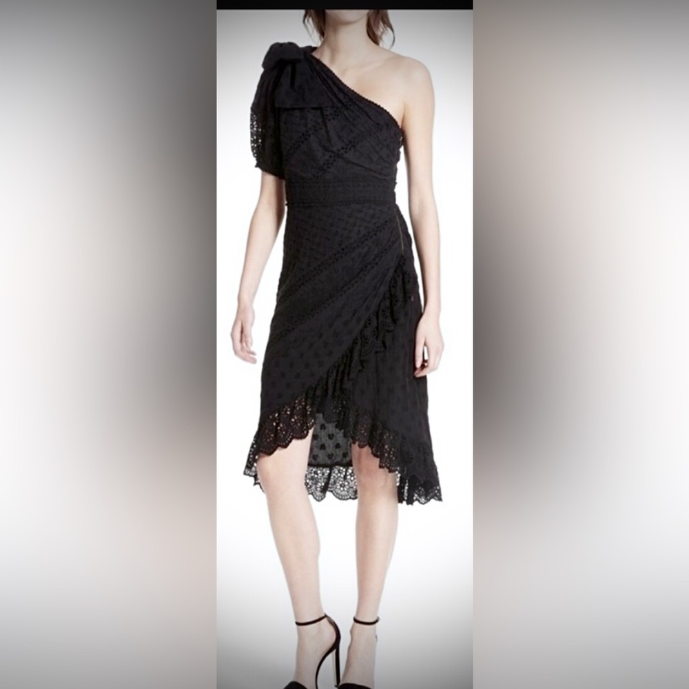 Ulla Johnson Gwyneth Midi Dress One Shoulder Bow Tie cotton eyelet Black Size 6